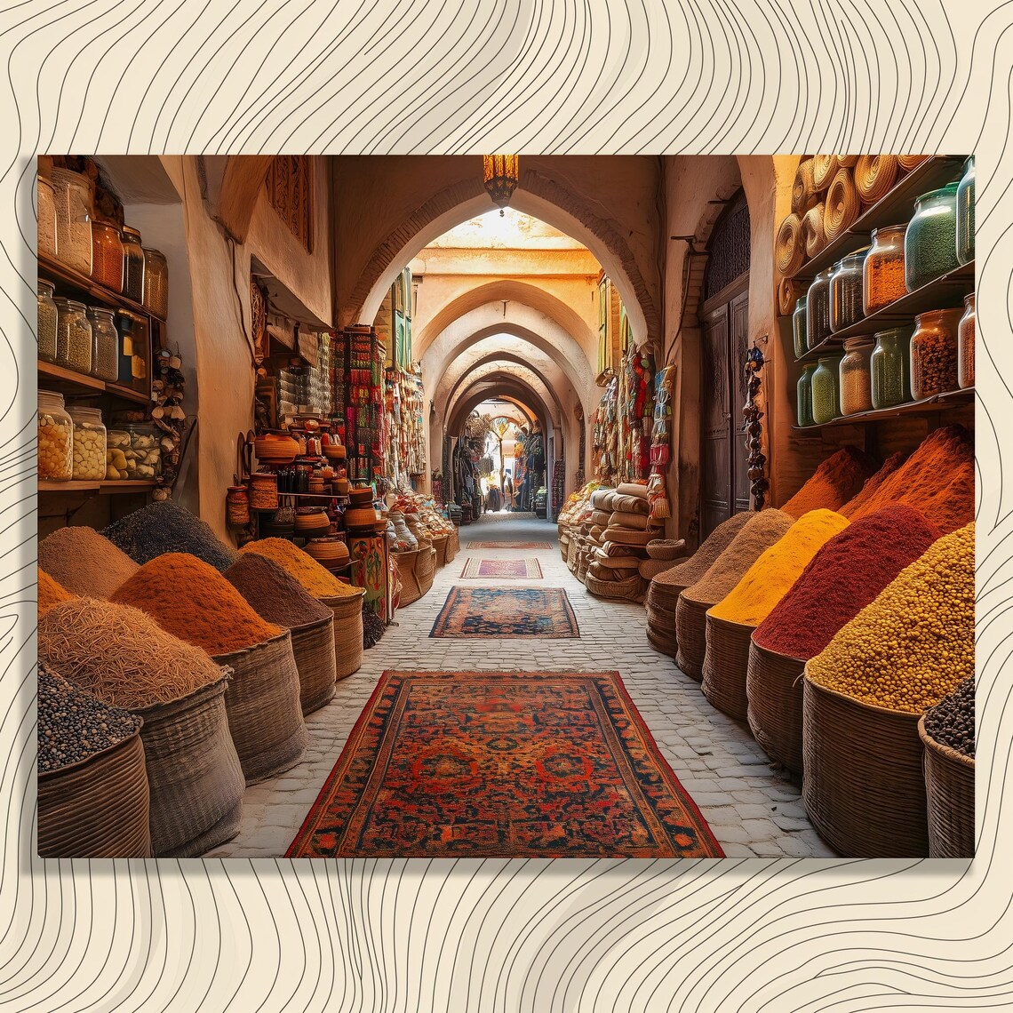 Colorful Spice Market Souk Baskets Old Bazaar Street Travel Poster