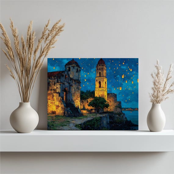 Castle Lanterns Canvas Wall Art Coastal Fortress Painting Print Colorful Blue Yellow Ocean Landscape Decor Gift For Lovers