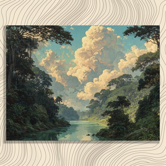 Amazon Rainforest Poster Jungle River With Dramatic Clouds Tropical Canopy Art