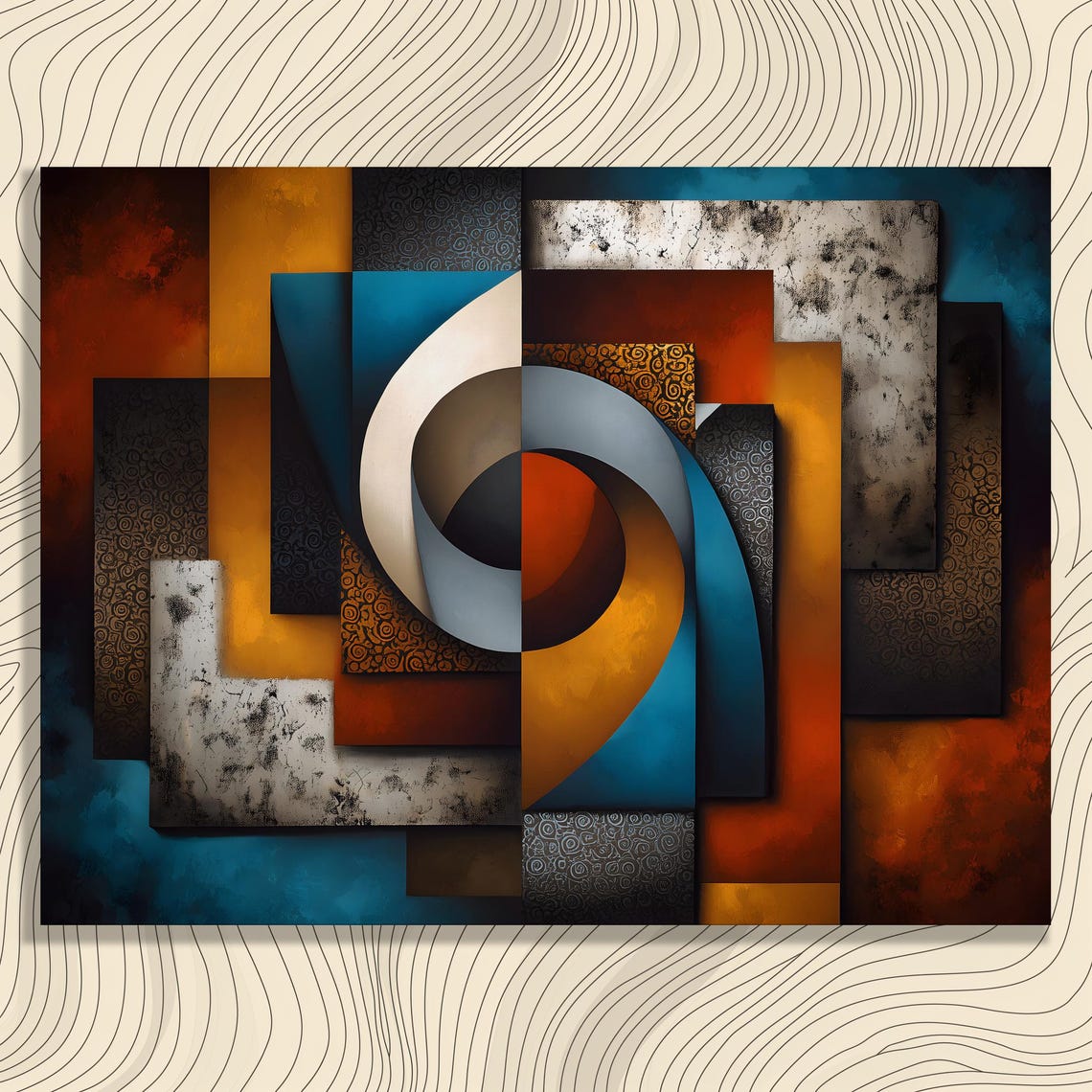 Geometric Circles And Squares Abstract Poster In Teal Orange And Black