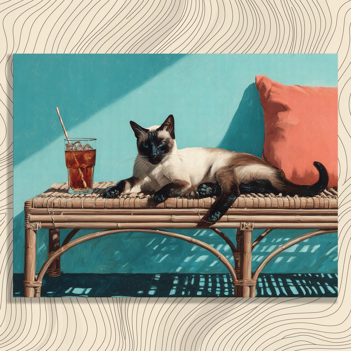 Siamese Cat Lounging Rattan Bench Iced Drink Tropical Vibe Poster