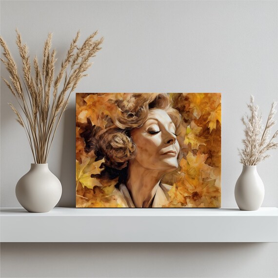 Serene Woman Autumn Leaves Golden Watercolor Portrait Art Poster