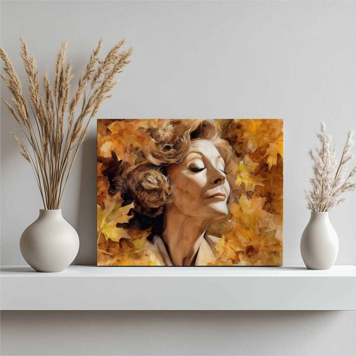 Serene Woman Autumn Leaves Golden Watercolor Portrait Art Poster