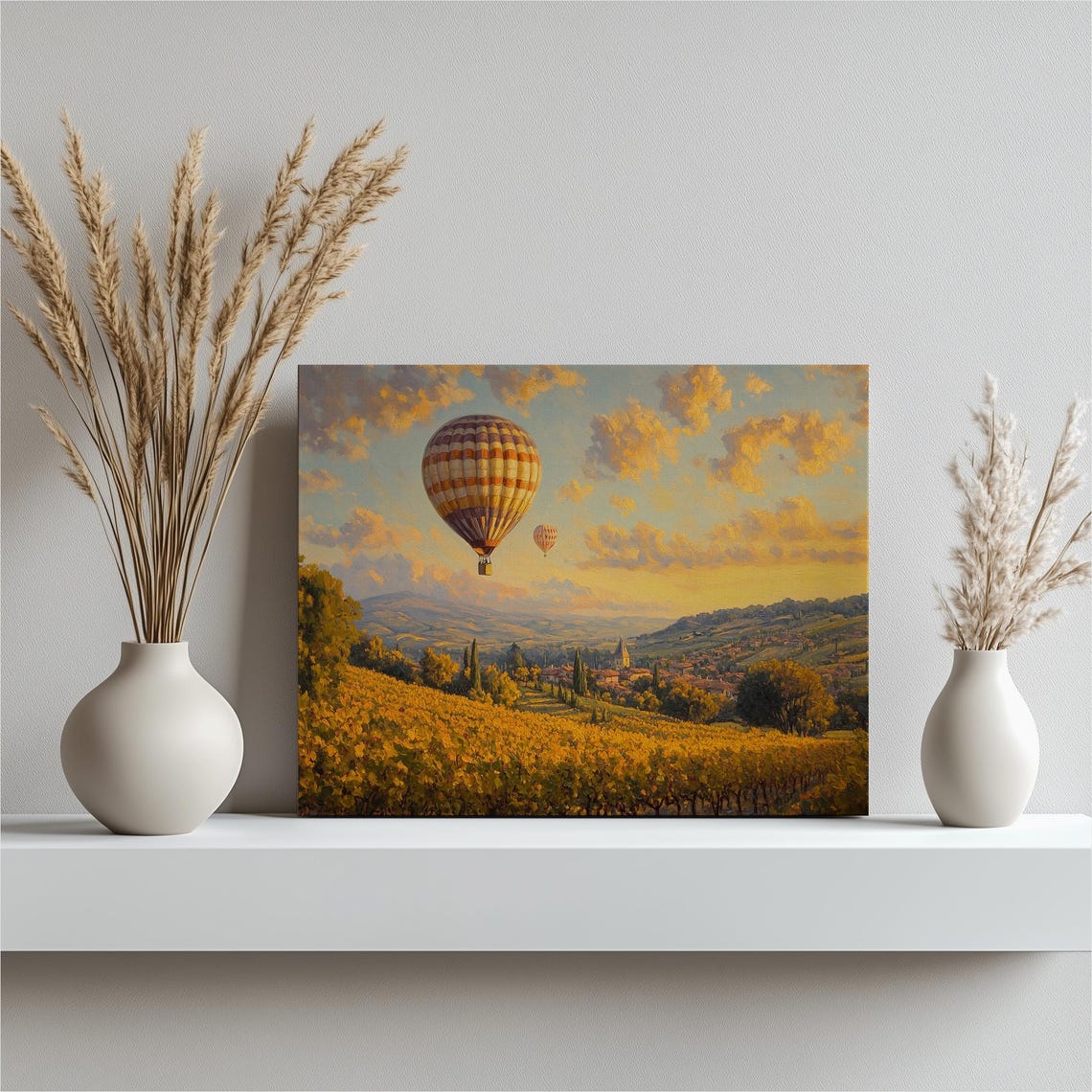 Hot Air Balloons Over Golden Vineyard Valley Sunset Landscape Poster