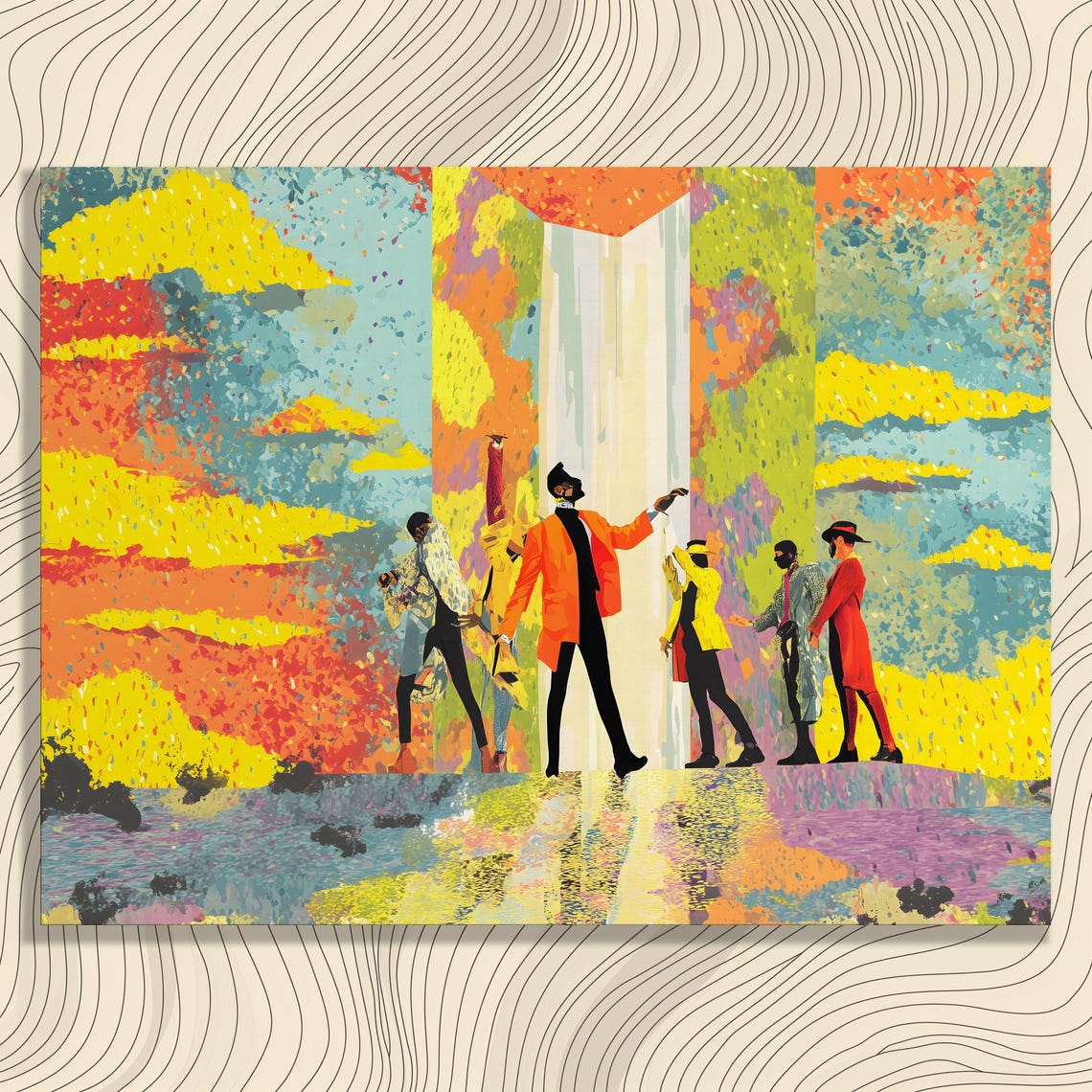 Colorful Dancers Under Cosmic Sky Abstract Figurative Art Poster