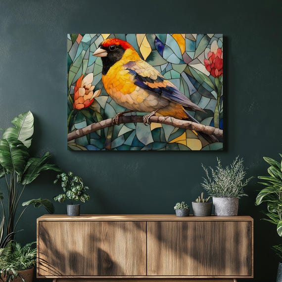 Goldfinch Bird Canvas Wall Art Colorful Songbird On Branch With Botanical Leaves Floral Background Nature Decor Print For Lovers