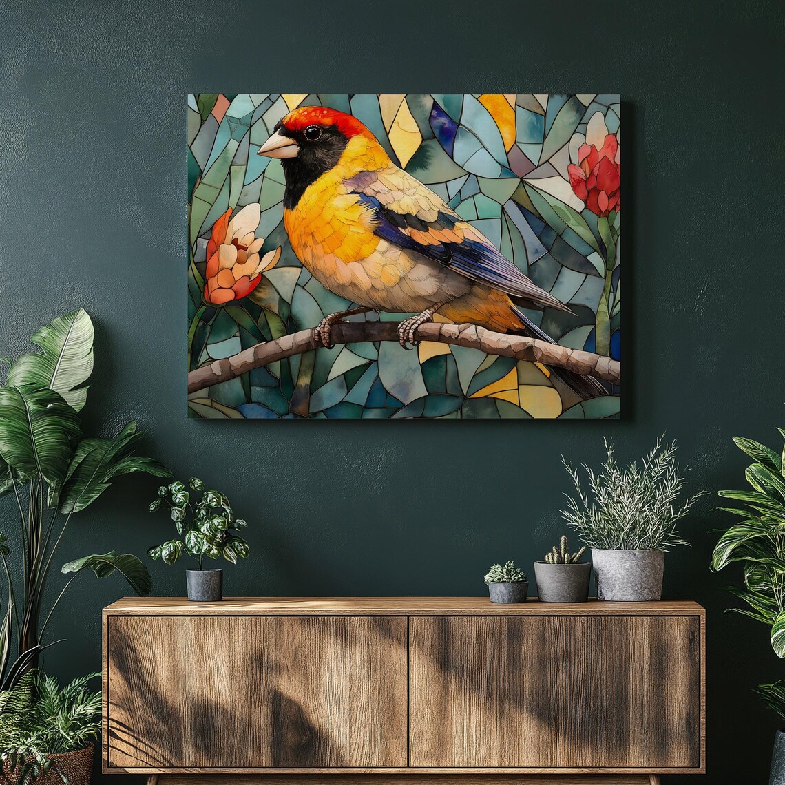 Goldfinch Songbird Stained Glass Floral Branch Colorful Art Print