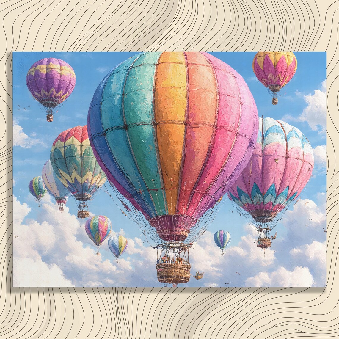Colorful Hot Air Balloons Painterly Sky Clouds Whimsical Poster