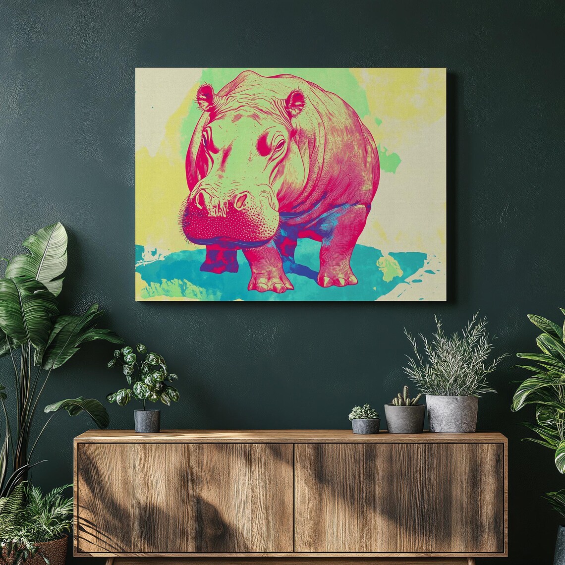 Neon Pop Art Hippopotamus in Hot Pink and Green Wildlife Poster