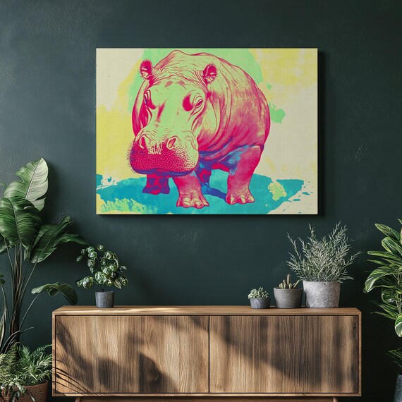 Neon Pop Art Hippopotamus in Hot Pink and Green Wildlife Poster