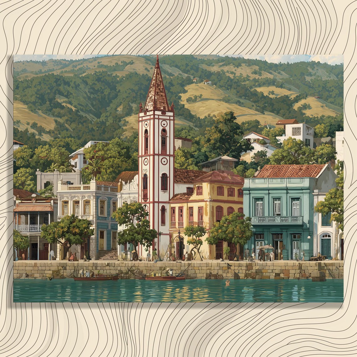 Vintage Colonial Coastal Town Church Tower Painting Scene Poster