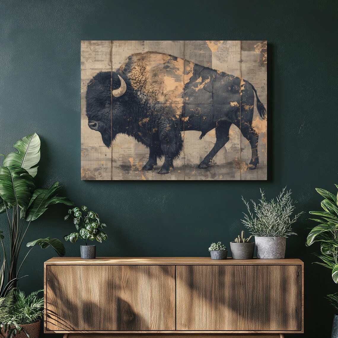 Buffalo Bison Gold Leaf Mixed Media Ledger Paper Wildlife Poster