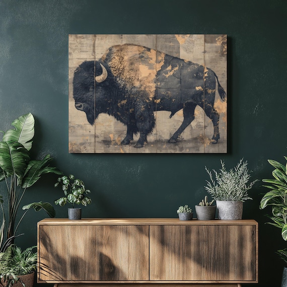 Buffalo Bison Canvas Wall Art Rustic Western Decor Mixed Media Gold Leaf Painting On Ledger Paper Vintage Wildlife Farmhouse Accent