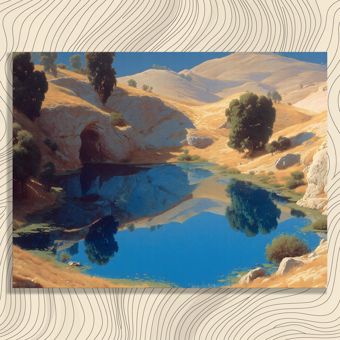 Golden Hillside Sunset Lake Reflection Blue Water Landscape Wall Art