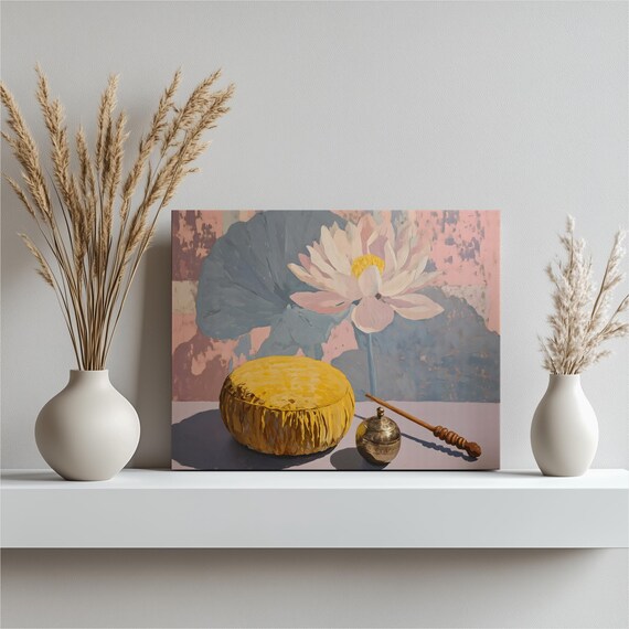 Meditation Canvas Wall Art Boho Print Pastel Painting Floral Abstract With Leaf Mindful Artwork Tibetan Singing Bowl Zen Decor