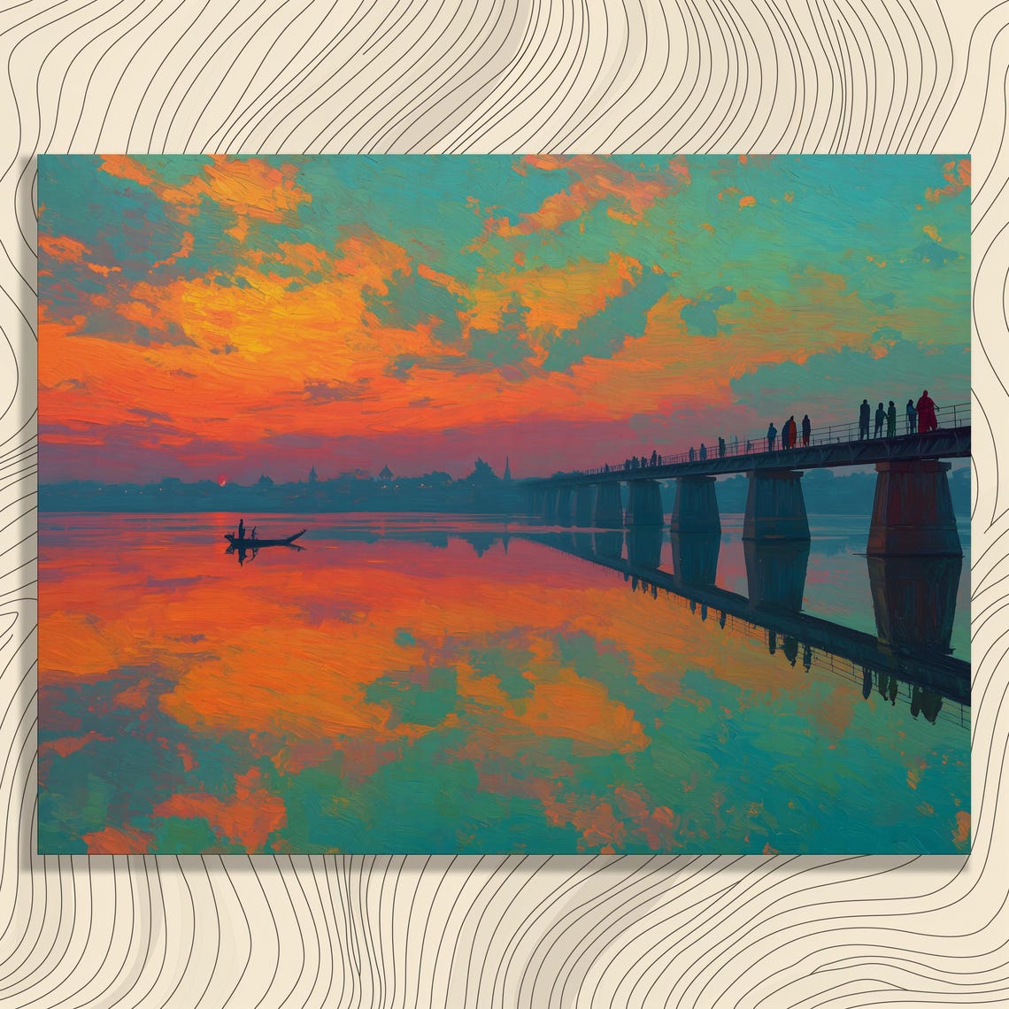 Sunset River Bridge Orange Sky Water Reflection Silhouette Art Poster