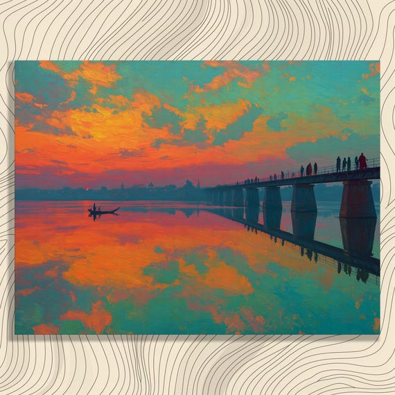 Sunset River Bridge Canvas Wall Art Vibrant Reflection Landscape Print Wooden Boat Decor Home Gift