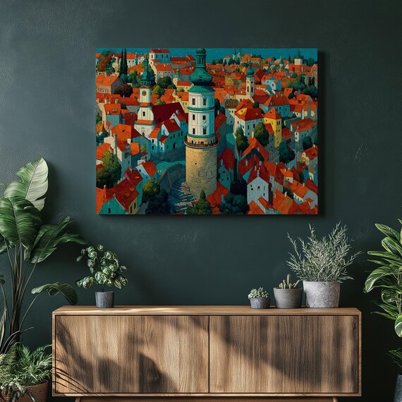 Czech Town Canvas Wall Art Skyline Panoramic Landscape Travel Decor Print Rooftop Village Scene Mosaic