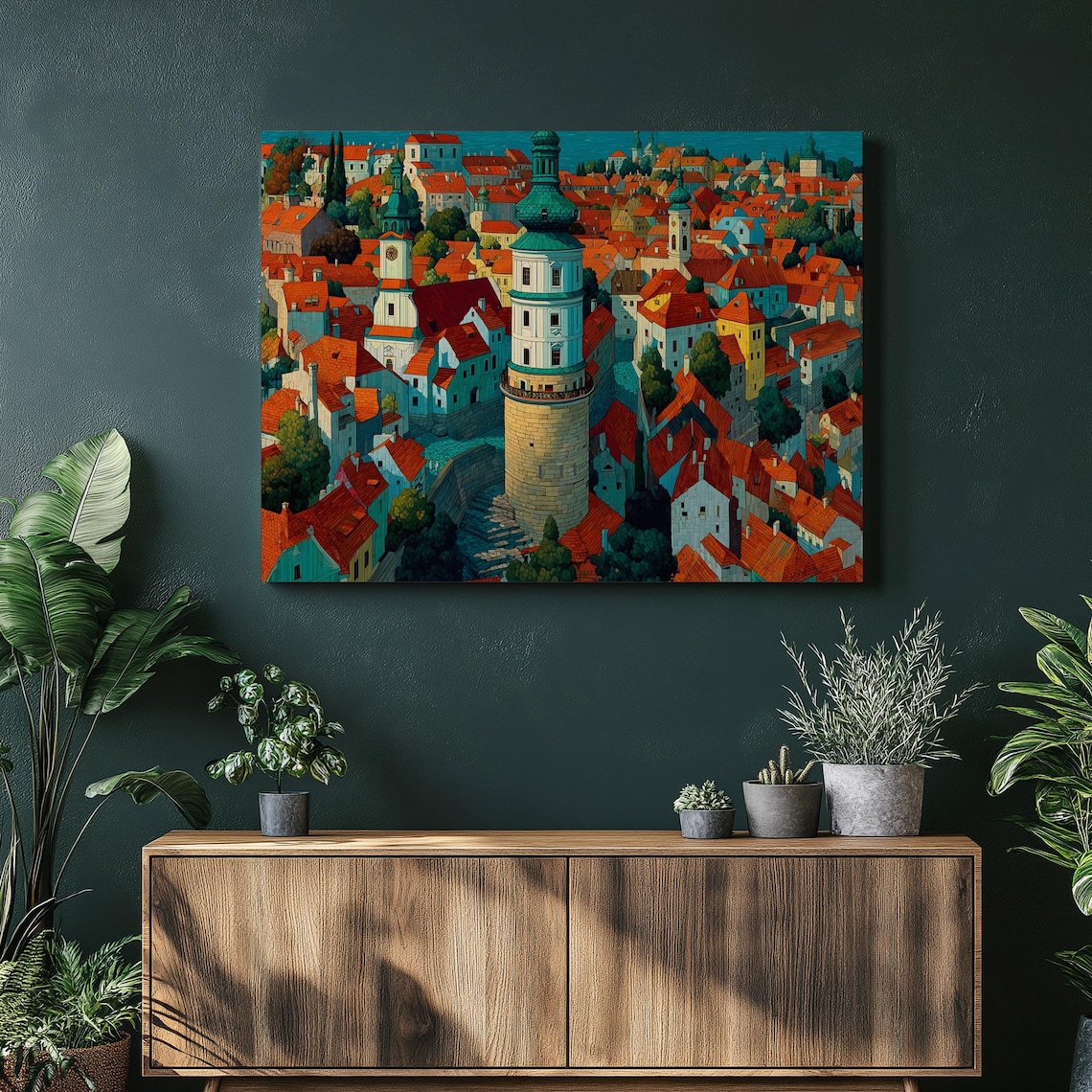 Colorful European Old Town Red Rooftops and Tower Cityscape Art Poster