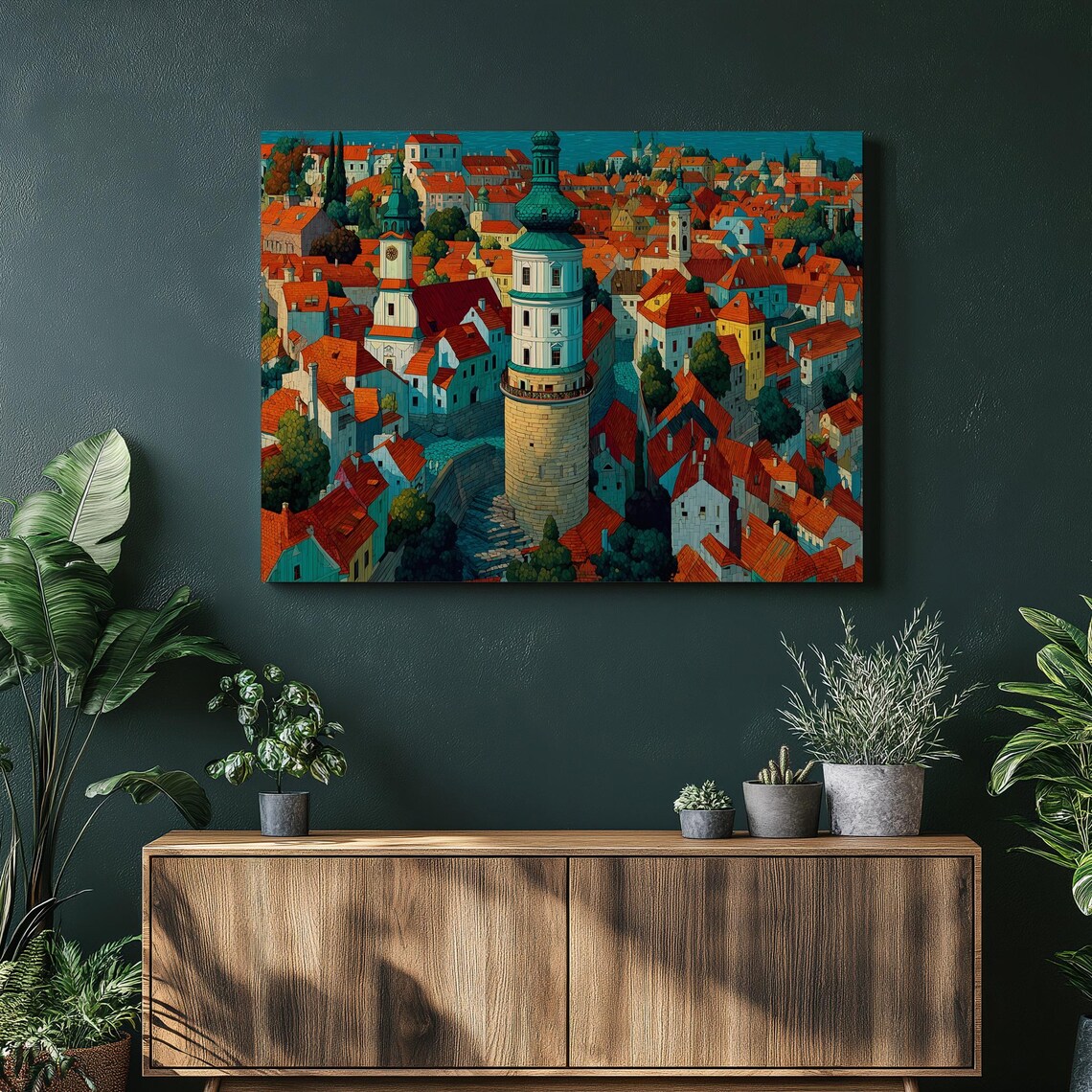 Czech Town Canvas Wall Art Skyline Panoramic Landscape Travel Decor Print Rooftop Village Scene Mosaic