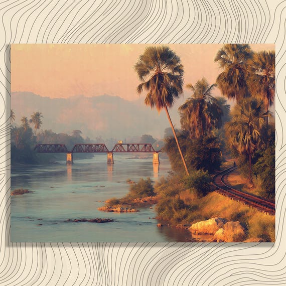 Tropical Sunset Bridge Canvas Wall Art Palm Tree Painting River Landscape Railway Train Tracks Artwork