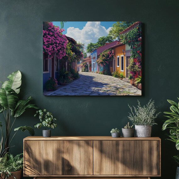 Rio De Janeiro Canvas Wall Art Vibrant Brazil Cityscape With Colorful Houses Tropical Flowers Lush Greenery Modern Coastal Decor