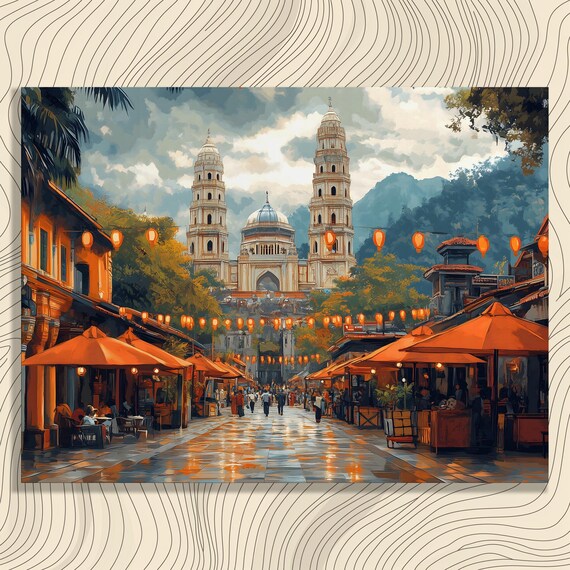 Vibrant Market Scene Canvas Wall Art Bohemian Colorful City Print Impressionist Street Decor Urban Landscape Gift Warm Lantern