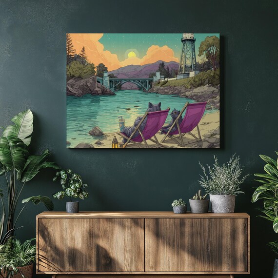 Two Happy Cats Relaxing on River Beach Chairs at Sunset Wall Art