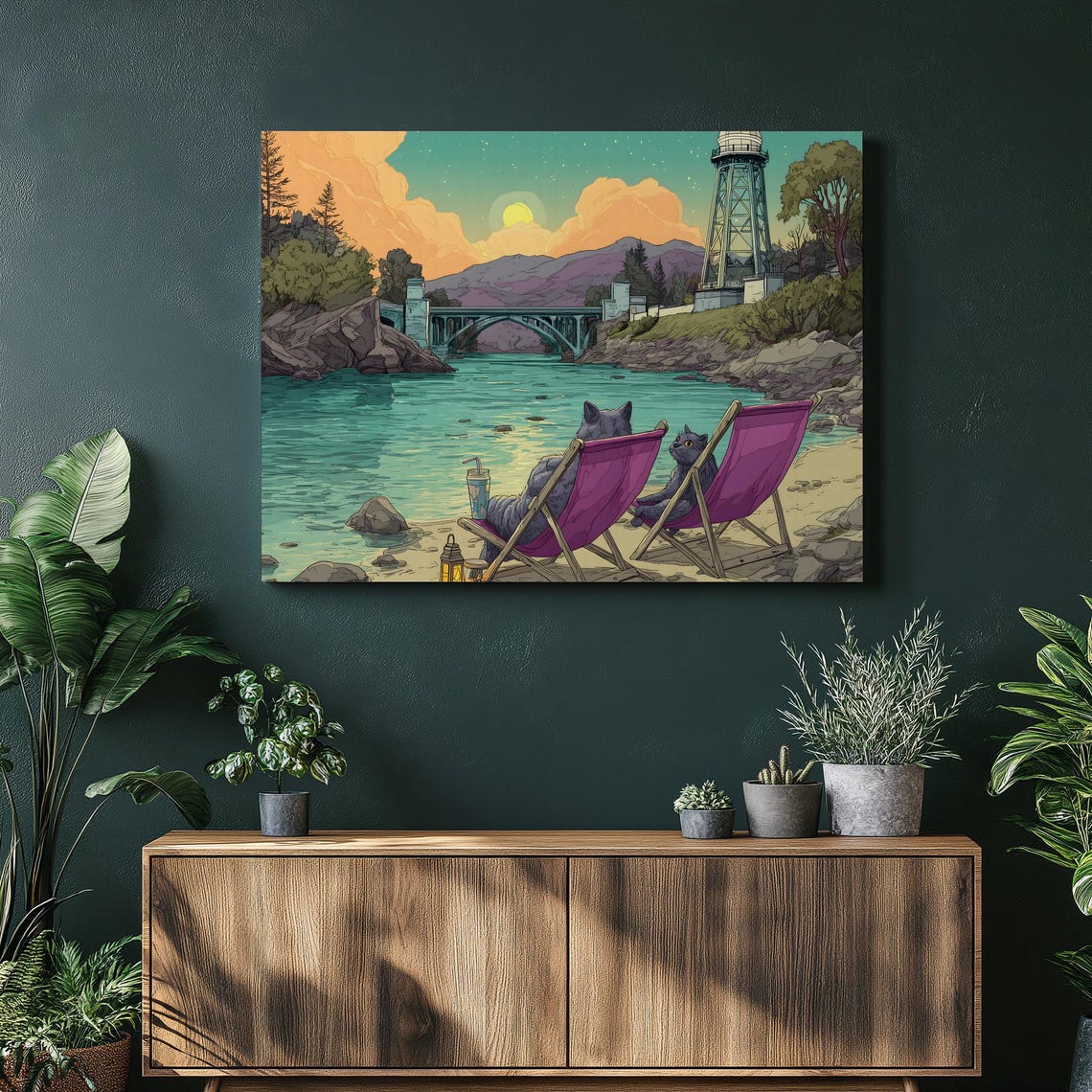 Two Happy Cats Relaxing on River Beach Chairs at Sunset Wall Art