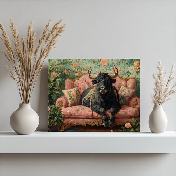 Yak Canvas Wall Art Mountain Animal Painting Living Room Decorations Lush Green Plants Vintage Wallpaper Elegant Pastel Oil