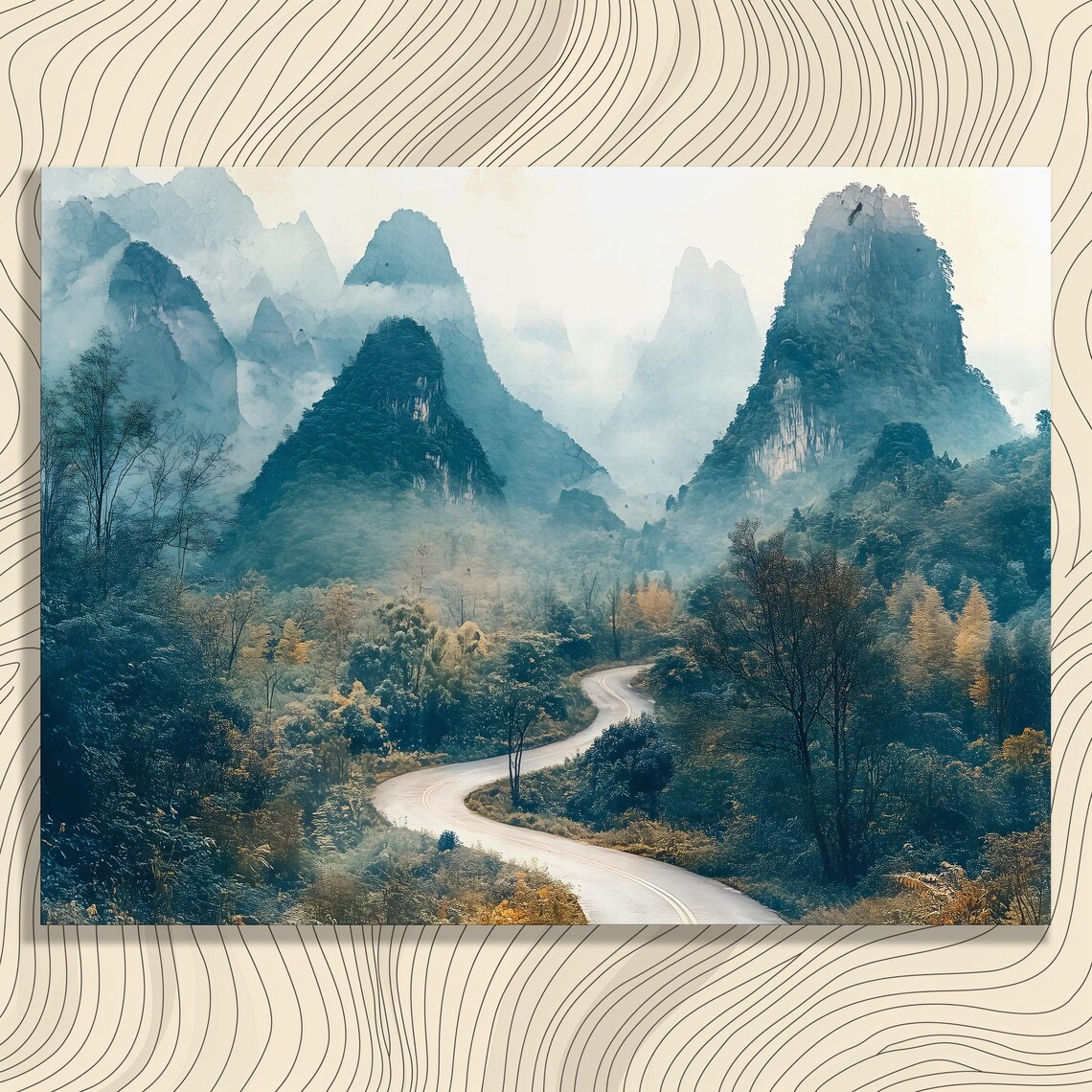 Misty Karst Mountains Winding Road Lush Green Valley Art Poster