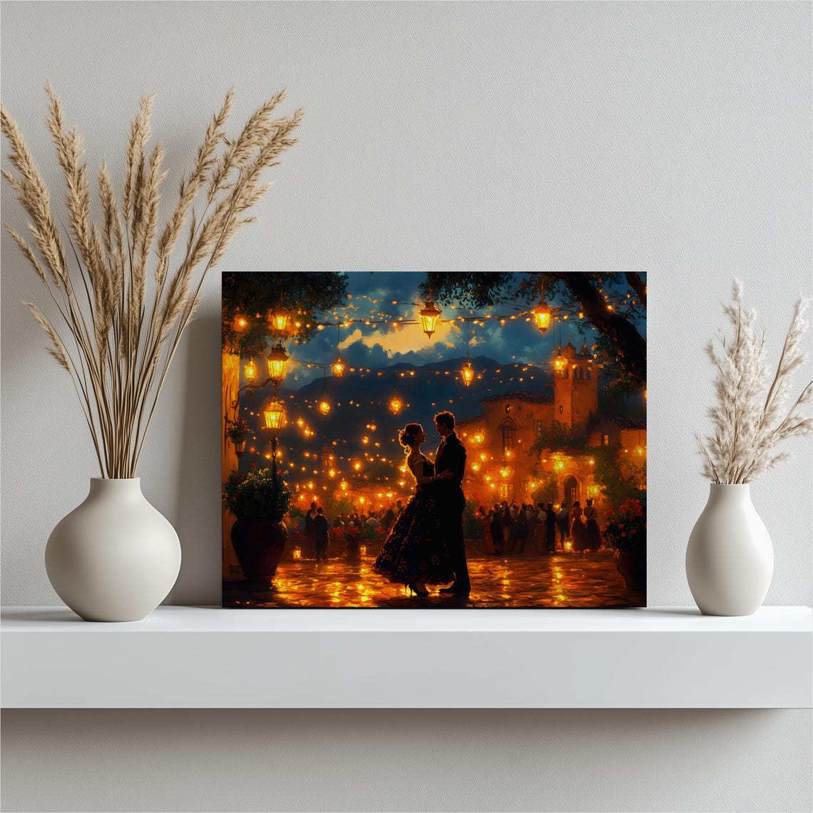 Romantic Couple Dancing Under Lanterns Night Courtyard Wall Art