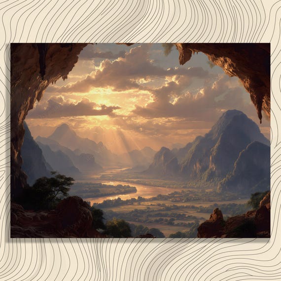 Colorful Cave Valley Canvas Wall Art Dramatic Mountain River View At Sunset With Golden Clouds Nature Landscape Gift For Hikers