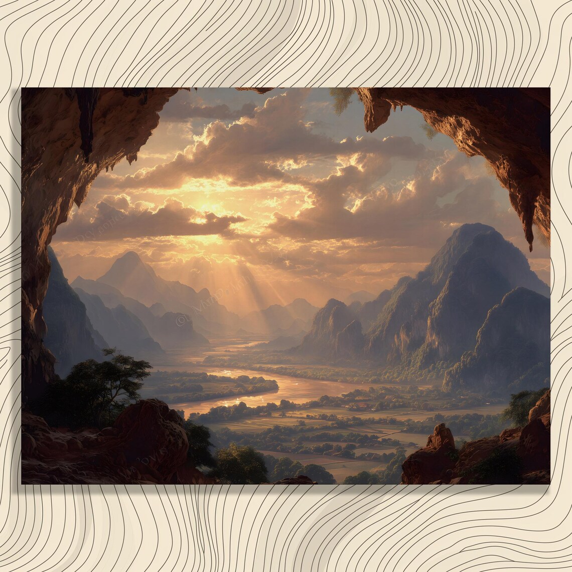 Sunrise Valley Viewed From Rocky Cave With River And Mountains Poster