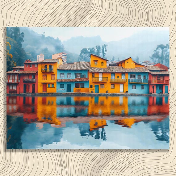 Colorful House Reflection Canvas Wall Art Misty Forest Lake Painting Print For Nature Lover Gift Interior Accent