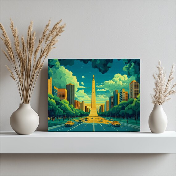 Urban Avenue Obelisk Canvas Wall Art Contemporary Cityscape Decor City Skyline Print Modern Monument Artwork Blue Green