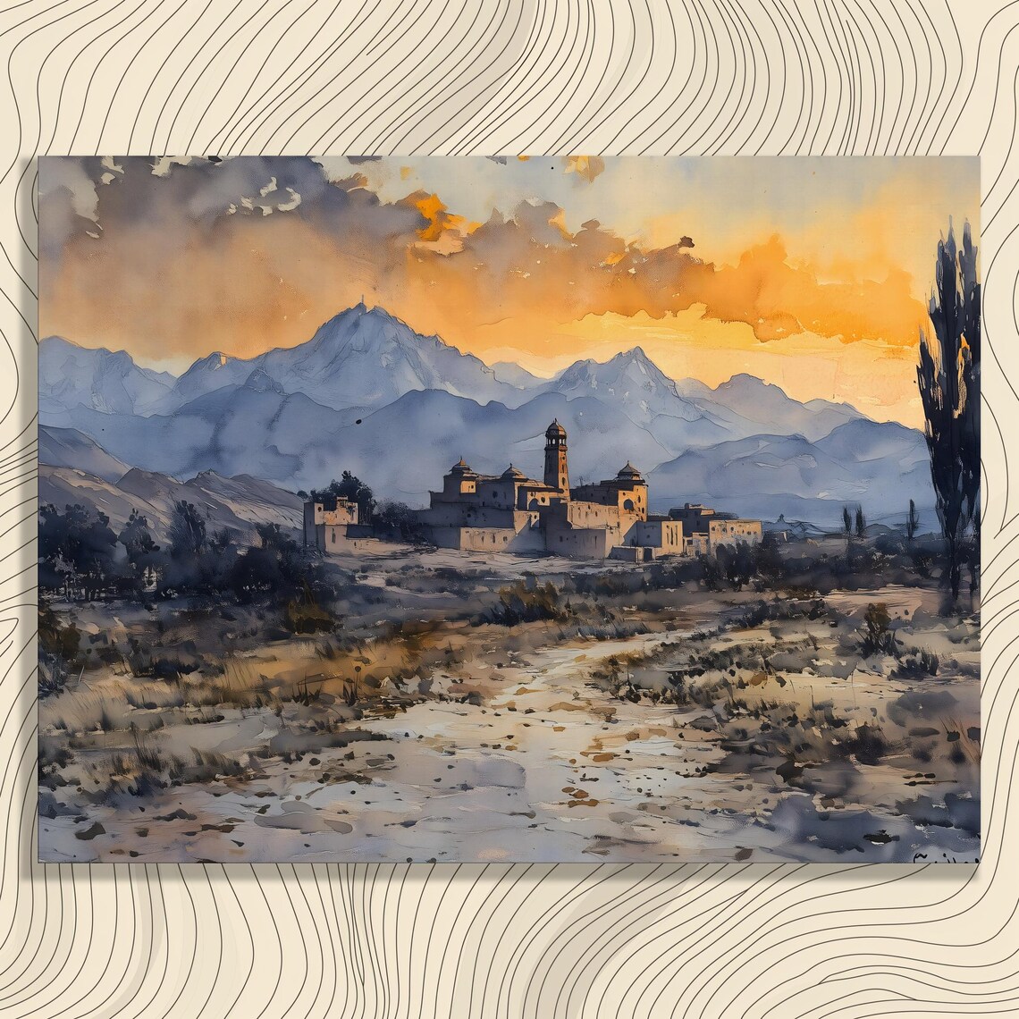 Mountain Village Watercolor Sunset Desert Hills Old Town Art Print