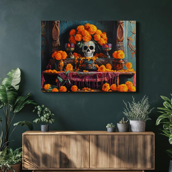 Cultural Mexico Canvas Wall Art Vibrant Sugar Skulls Marigold Flowers Day Of The Dead Celebration Print Decor Colorful Altars Ancestors