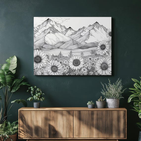 Minimal Mountain Sunflower Canvas Wall Art Black And White Line Drawing Botanical Landscape Print Monochrome Decor Ink Illustration