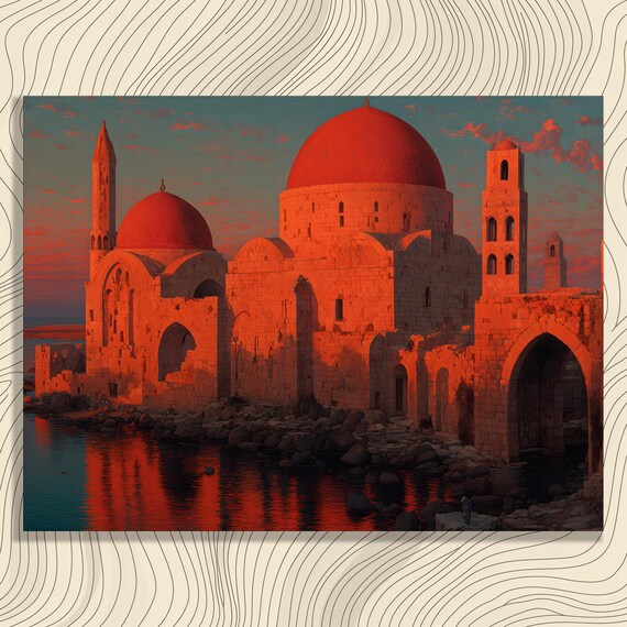 Ancient Shoreline Ruins Canvas Wall Art Moody Red Sunset Domed Architecture Print With Water Reflection Seascape Medieval Fortress Dark