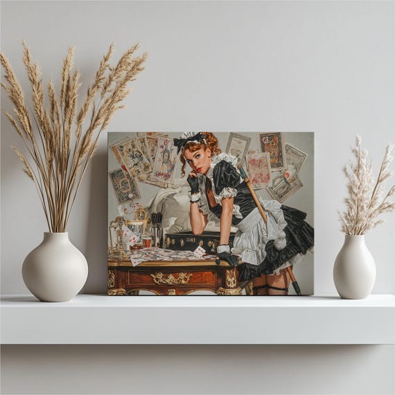 Gothic Tarot Maid Canvas Wall Art Dark Fantasy Victorian Decor Card Print Playing Cards Baroque Desk Corset Lace Stockings