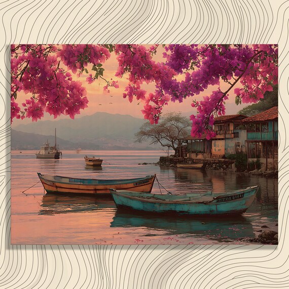Tropical Harbor Sunset Pink Bougainvillea Fishing Boats Poster