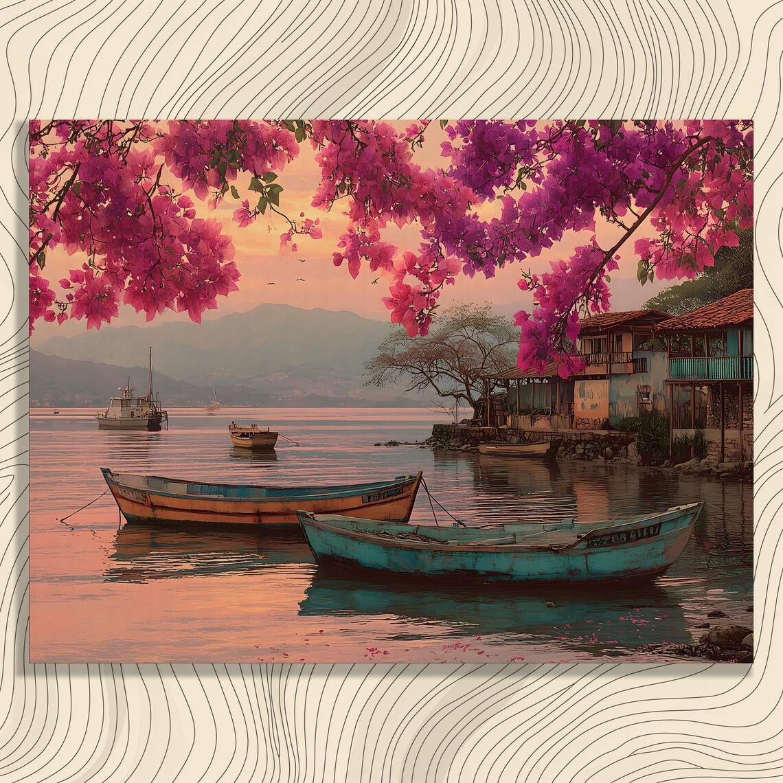 Tropical Harbor Sunset Pink Bougainvillea Fishing Boats Poster