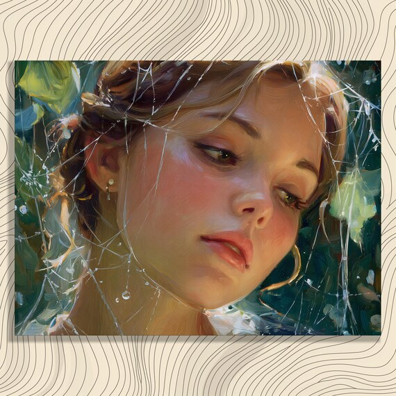 Woman Portrait Through Cracked Glass Dew Drops Painterly Art Poster