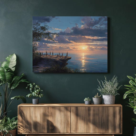 Sunrise Ocean Yoga Canvas Wall Art Coastal Seascape Meditation Print Silhouette Group On Cliff Colorful Sky Gift
