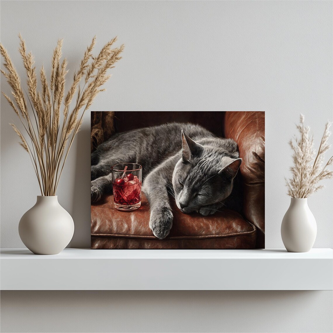 Snoozing Grey Cat Leather Chair Red Cocktail Cozy Pet Portrait Poster