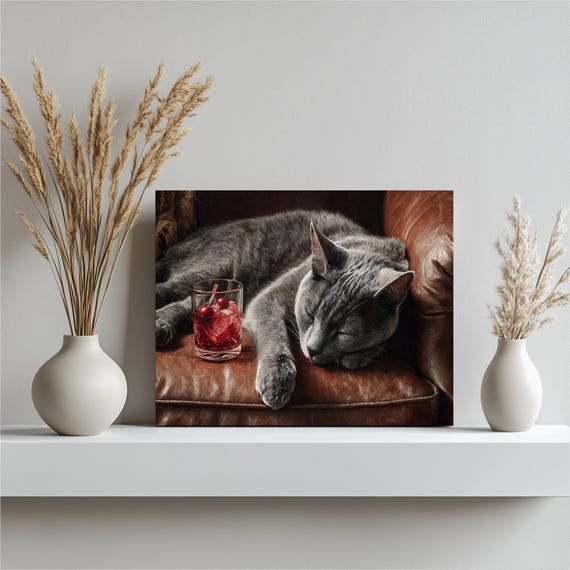 Snoozing Grey Cat Canvas Wall Art Vintage Pet Portrait Cozy Drink Decor Print Feline Napping Cocktail Painting Illustration