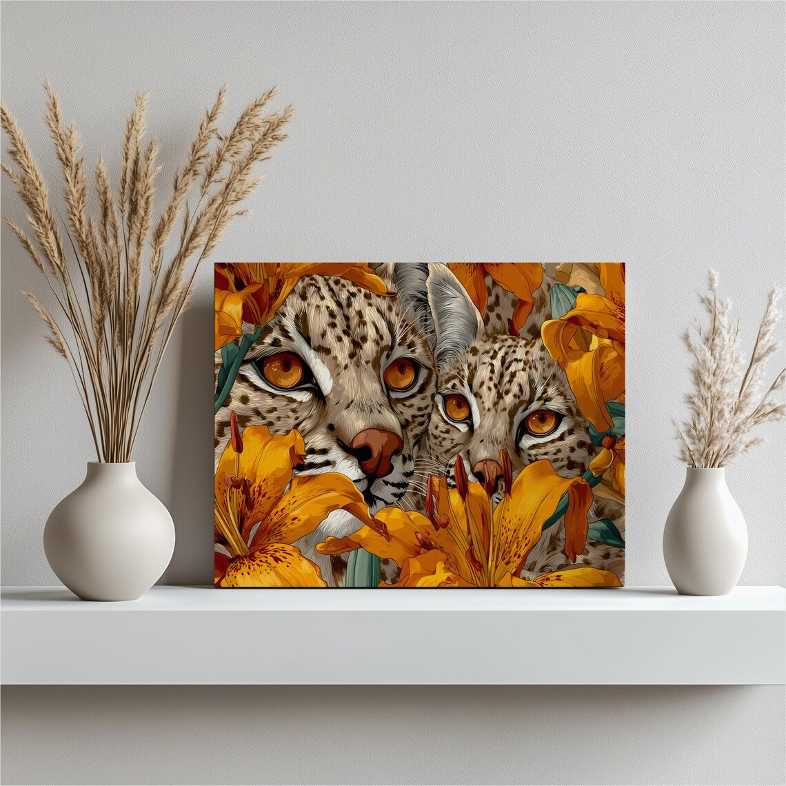 Leopard Cubs Among Orange Lilies Vivid Wildlife Floral Portrait Poster