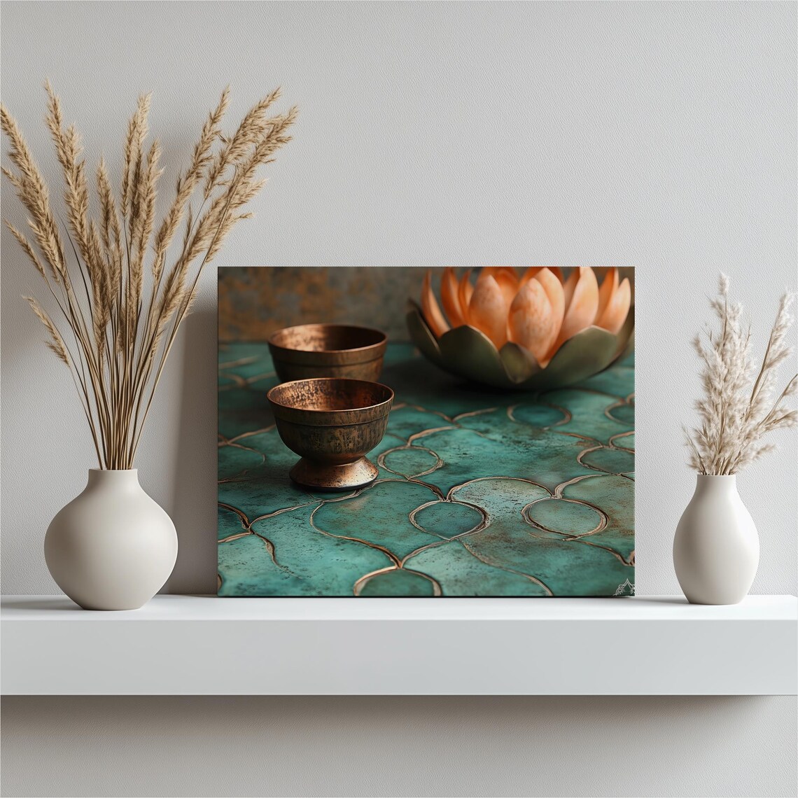 Copper Bowls Still Life Emerald Arabesque Tile Lotus Flower Print