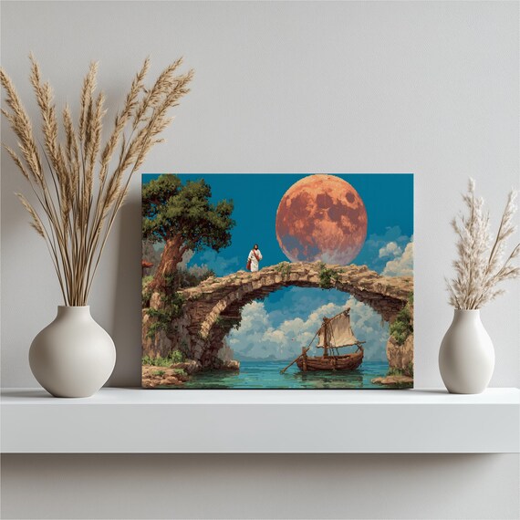 Pixel Art Stone Bridge Sailboat Giant Moon Fantasy Seascape Poster Art
